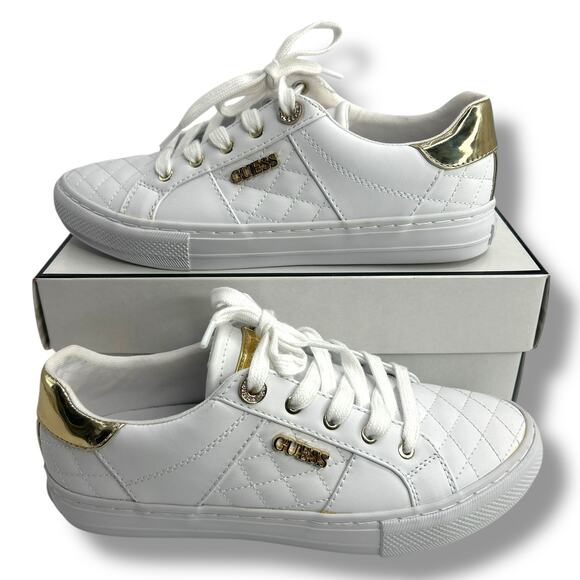 NEW Guess White Sneakers 7.5 Gold Embellished Loven Lace Up Sneakers Quilted - Picture 8 of 13